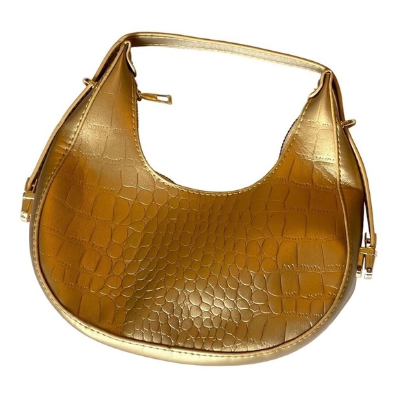 Gold Metallic Crocodile Leather Handbag Hobo Minimalist Shoulder bag purse - Picture 1 of 2